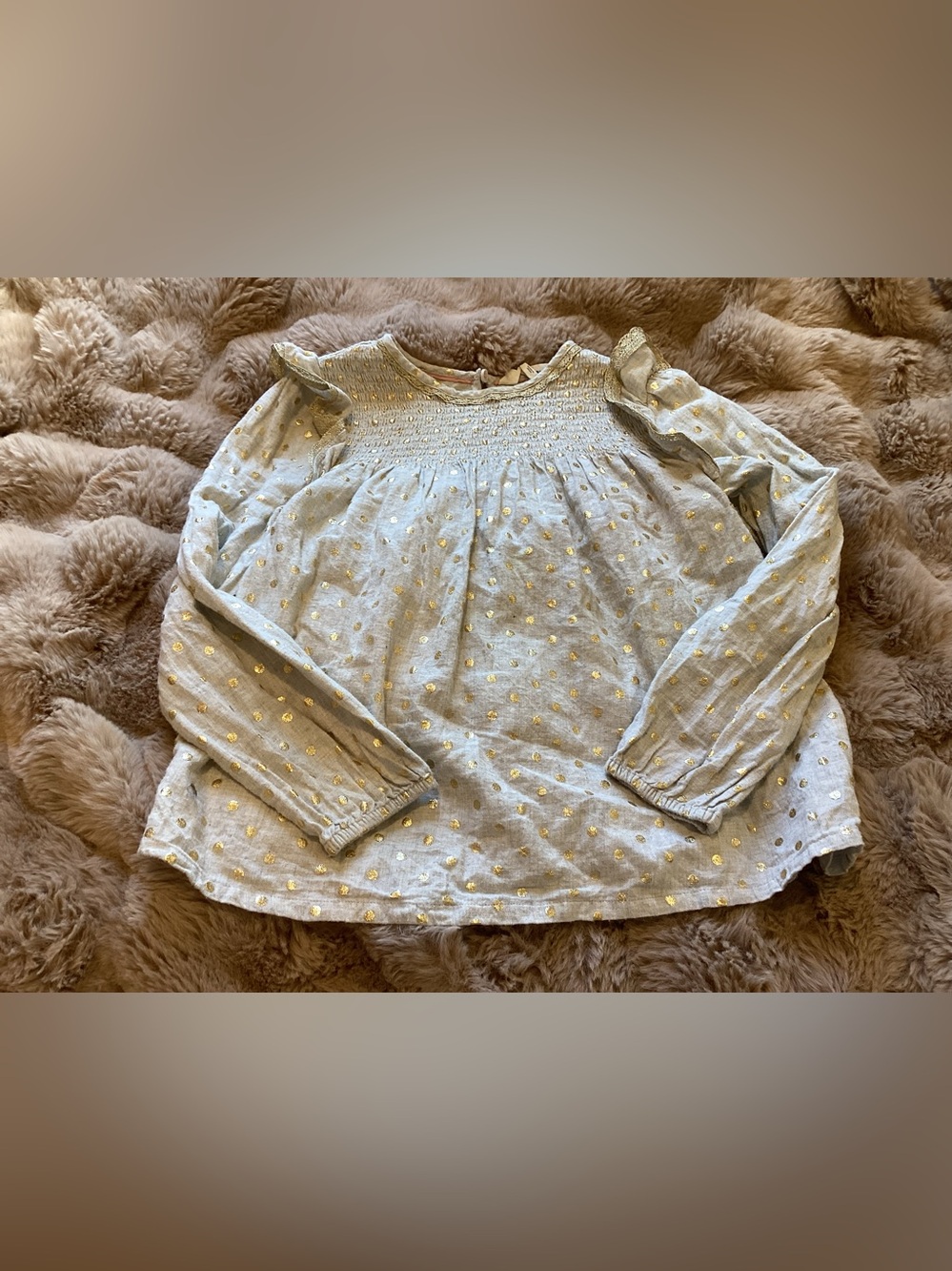 Boden Light Gray Top with Gold Polka Dots